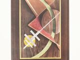 framed picture of a painting of a geometric design with a white cross on it