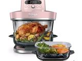 an image of a pink oven with a turkey in it