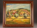 an oil painting of a village on a hill with trees in the foreground