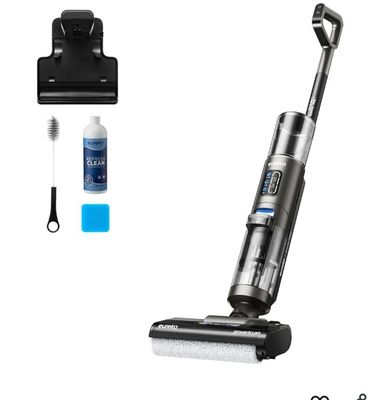 une image représentant un aspirateur sans fil accompagné d'accessoires de nettoyage