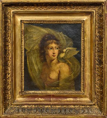 un vieux tableau représentant une femme tenant un oiseau dans la main