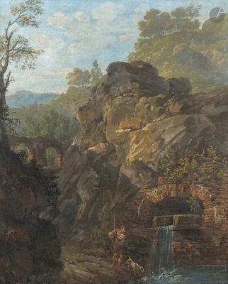 tableau représentant une cascade, avec un homme et un chien au premier plan
