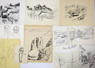 several sketches of people and animals are shown on a piece of paper