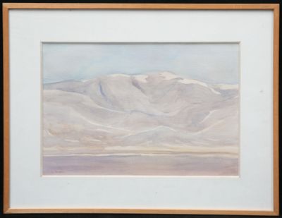 painting of a mountain range in a white frame with a brown border
