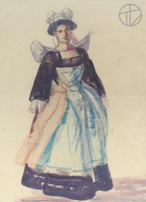 painting of a woman in a blue and white dress and hat