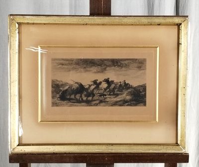 tableau représentant un homme à cheval, posé sur un chevalet en bois
