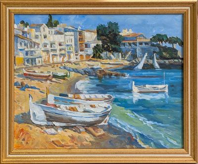a painting of boats on the beach by the water