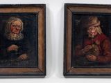 deux tableaux encadrés représentant des vieillards coiffés d'un chapeau et portant la barbe, dont l'un tient un oiseau dans la main