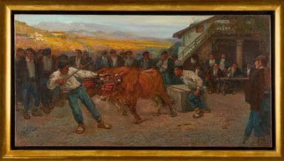 tableau représentant un homme menant une vache dans un village