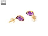 two pairs of gold and amethorate earrings on a white background