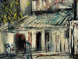 an image of a painting of a street scene with a building in the background