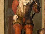 tableau représentant un homme avec un chien devant une porte