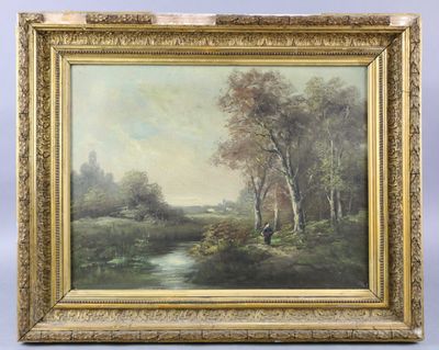 un tableau représentant un paysage avec une rivière et des arbres