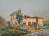 une peinture à l'huile représentant une maison dans un cadre champêtre