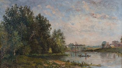 a painting of a river with a boat on it