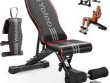 une image représentant un banc de musculation noir et rouge avec une paire d'haltères