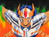 une image représentant le dessin d'un homme aux cheveux bleus, portant une chemise blanche et orange