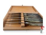 six knives in a wooden box on a white background