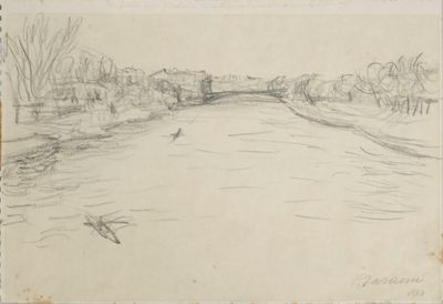 dessin représentant une rivière avec un pont au loin et des arbres au premier plan