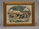 painting of a farm scene with cows and a farmer in the snow