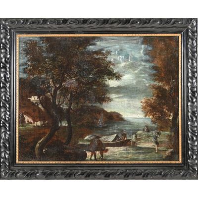 une peinture à l'huile représentant une scène de rivière avec un bateau au premier plan