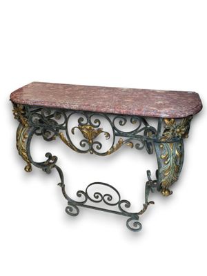 table console en fer forgé avec plateau en marbre rose
