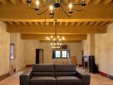 un salon avec un canapé et un lustre