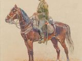 tableau représentant un homme en uniforme à cheval dans un champ