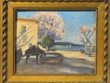 tableau représentant une calèche devant une maison au bord de l'eau