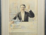 tableau représentant un homme en smoking assis à une table avec un verre de vin