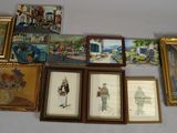 many framed pictures on the wall of this room