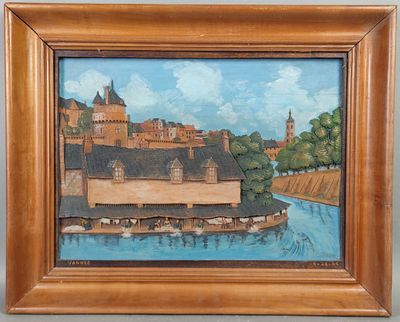 une peinture à l'huile représentant une vue d'une ville avec une rivière au premier plan