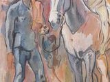 a painting of a man standing next to a horse