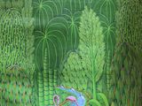 une image représentant un tableau de flamants roses dans un paysage tropical