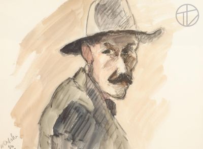 drawing of a man with a hat and moustache wearing a jacket