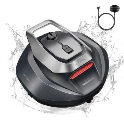 une image représentant un aspirateur robot entouré d'éclaboussures d'eau