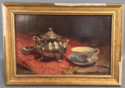 une peinture à l'huile représentant une théière et une tasse posées sur une table