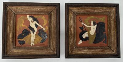 deux tableaux encadrés représentant une femme et un homme à cheval
