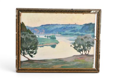une peinture à l'huile représentant un paysage avec des arbres et une rivière