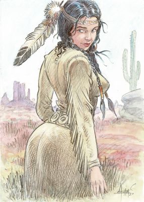 dessin représentant une femme autochtone vêtue d'une longue robe et portant une plume sur la tête