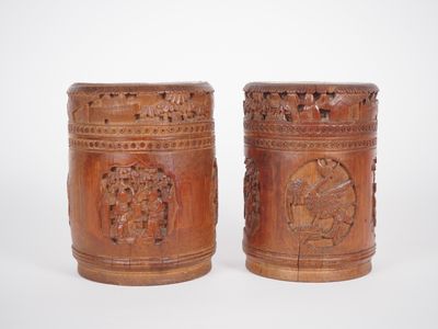 Chine, vers 1900 Paire de boîtes cylindriques couvertes en b…