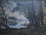 a painting of two people in a boat on the water