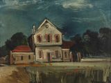tableau représentant une maison blanche au toit rouge, située dans un champ