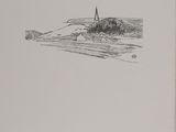 drawing of a small island with a church in the distance