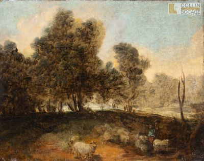peinture représentant un paysage avec des moutons qui paissent au premier plan et des arbres à l'arrière-plan