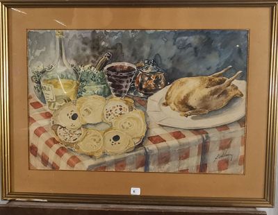 une photo d'un tableau représentant une dinde posée sur une table