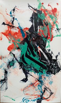 peinture abstraite représentant un cheval noir sur lequel sont projetées des éclaboussures de peinture rouge, verte et bleue