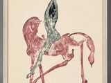 painting of a woman sitting on a horse with her legs up