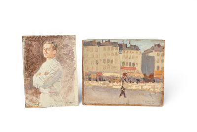 deux tableaux représentant un homme et une femme dans une rue de la ville
