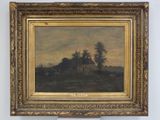 an oil painting of a landscape with a house in the distance